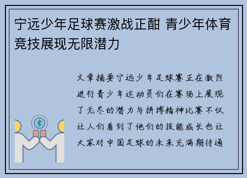 宁远少年足球赛激战正酣 青少年体育竞技展现无限潜力