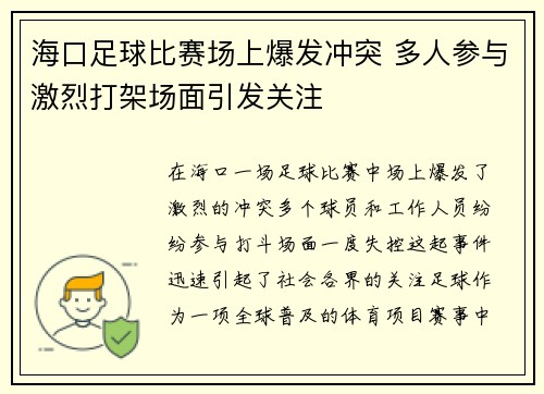 海口足球比赛场上爆发冲突 多人参与激烈打架场面引发关注