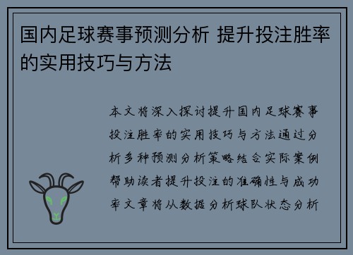 国内足球赛事预测分析 提升投注胜率的实用技巧与方法