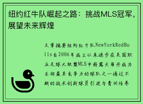 纽约红牛队崛起之路：挑战MLS冠军，展望未来辉煌