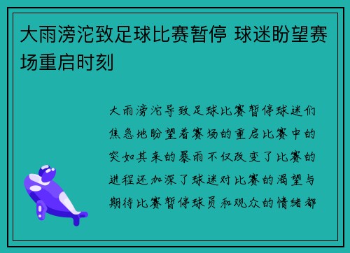 大雨滂沱致足球比赛暂停 球迷盼望赛场重启时刻