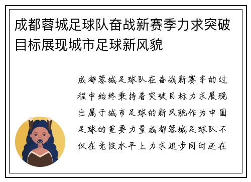 成都蓉城足球队奋战新赛季力求突破目标展现城市足球新风貌