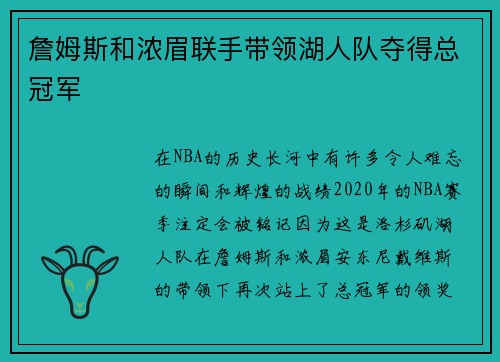 詹姆斯和浓眉联手带领湖人队夺得总冠军