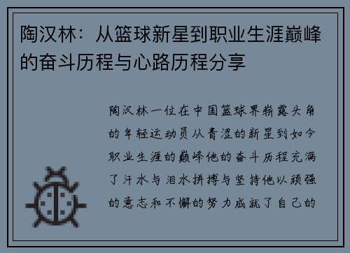 陶汉林：从篮球新星到职业生涯巅峰的奋斗历程与心路历程分享