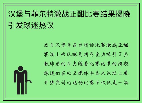 汉堡与菲尔特激战正酣比赛结果揭晓引发球迷热议
