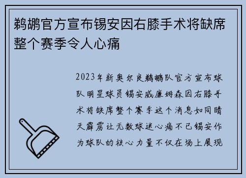 鹈鹕官方宣布锡安因右膝手术将缺席整个赛季令人心痛
