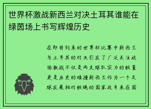 世界杯激战新西兰对决土耳其谁能在绿茵场上书写辉煌历史