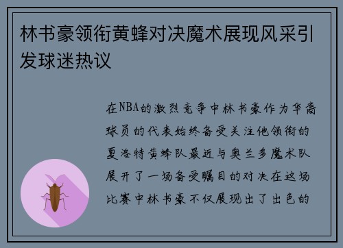 林书豪领衔黄蜂对决魔术展现风采引发球迷热议