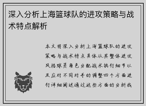 深入分析上海篮球队的进攻策略与战术特点解析