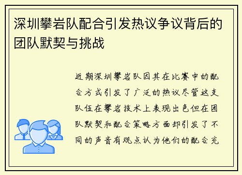深圳攀岩队配合引发热议争议背后的团队默契与挑战