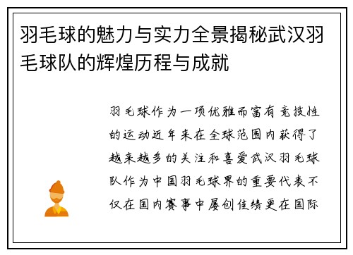 羽毛球的魅力与实力全景揭秘武汉羽毛球队的辉煌历程与成就